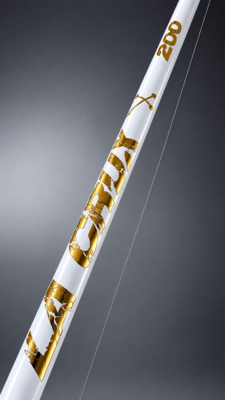 Dettaglio della canna da pesca Veret La Crux 200 bianca con scritte dorate in effetto foglia d'oro e finitura lucida.
