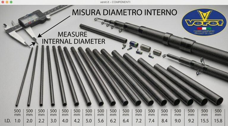 Tubetti in carbonio UD Veret per scorrevoli canne da pesca telescopiche - diametri interni da 1.0 mm a 15.8 mm, lunghezza 500 mm.